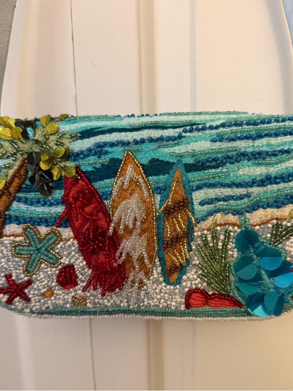 India Beaded Bag Turquoise Ocean Beach Surf Boards & Palm Tree - Picture 7 of 9